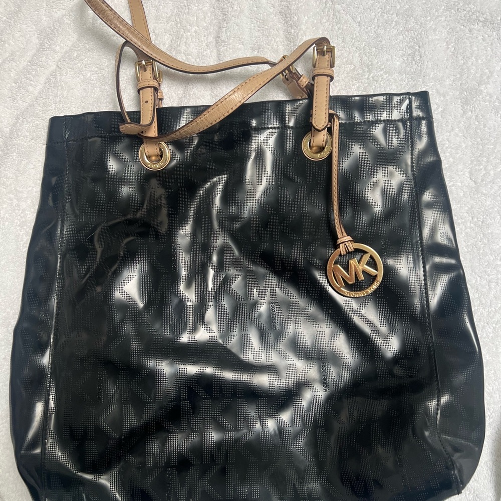 Michael Kors Black Patent Tote with Tan Straps